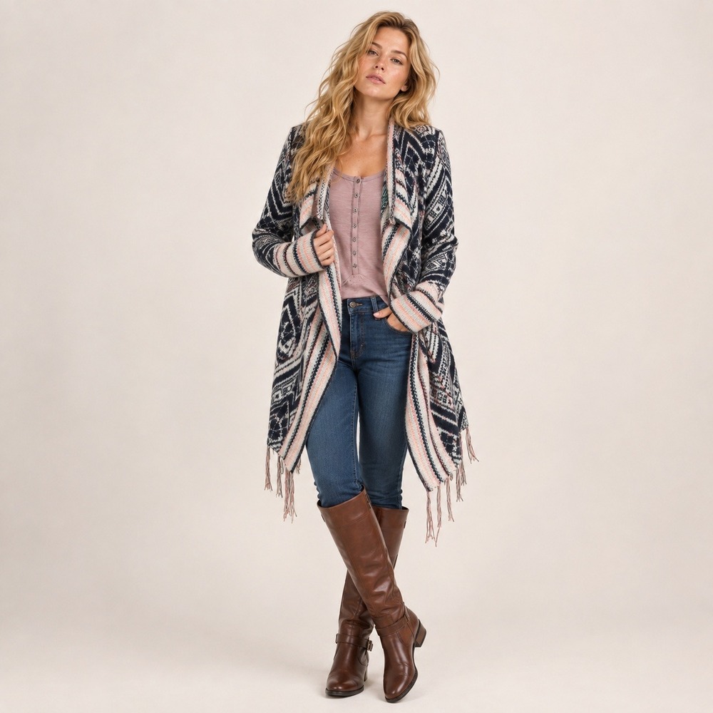 Vanity Southwestern Fringe Open Front Cardigan XL
